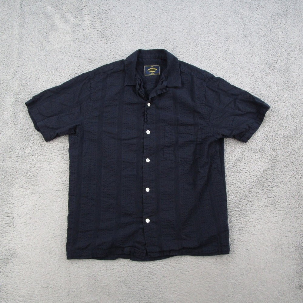 Portuguese Flannel Mens Blue Textured Short Sleeve Button Down Shirt Loop Collar